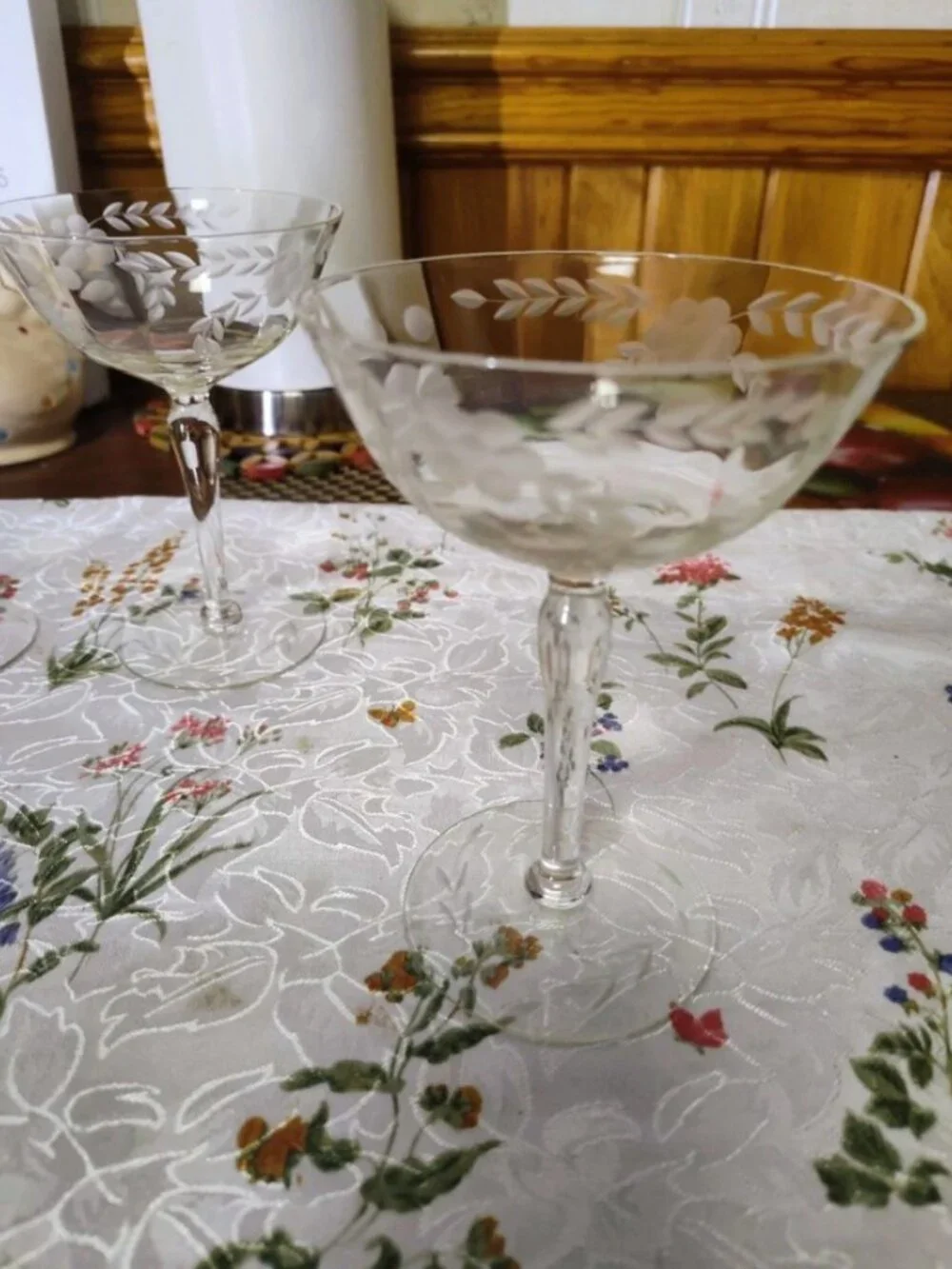 Lot of 2 Vintage Glass Champagne Couples Etched Floral & Vine Motiff